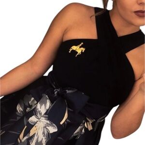 Elegant Navy Cross-Back Top with Floral Skirt